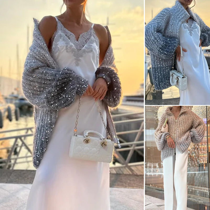 Egyszínű csillogós kötött pulóver